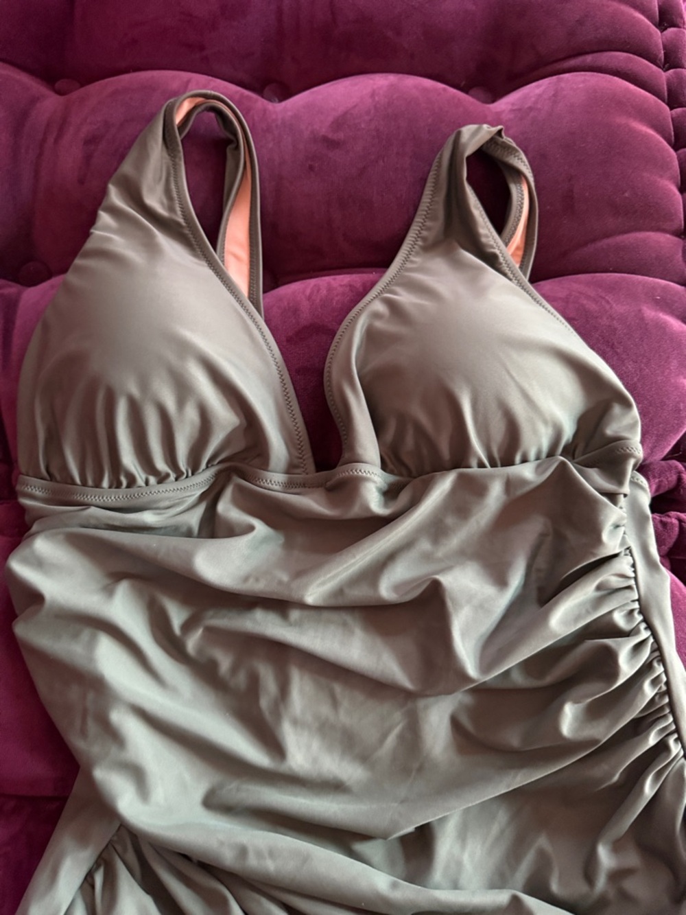 J. Crew Olive Green One-Piece Swimsuit with Peach Lining 16 - Picture 2 of 9